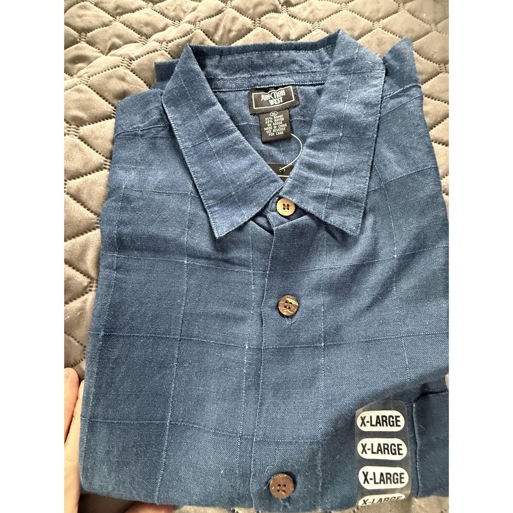 Junction West Shirt Mens XL Blue Check Rayon Short Sleeve Button Up Casual